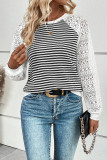 Black Stripe Textured Knit Contrast Hollowed Lace Patchwork Long Sleeve Top