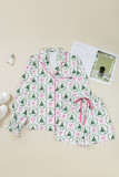 Green Christmas Fashion Print Velvet Trim Bow Knot Pajama 2pcs Short Set