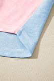 Pink Color Block Round Neck Exposed Seam Patchwork Striped Long Sleeve Top
