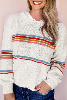 White Multicolored Striped Accent Hooded Popcorn Sweater