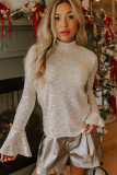 Jet Stream Sequin Mock Neck Drape Open Back Bell Sleeve Top
