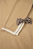 Tan Leopard Bow Decor Split Cuff Contrast Trim Sweater