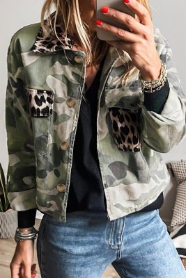 Green Camo Leopard Patchwork Flap Pocket Crop Jacket
