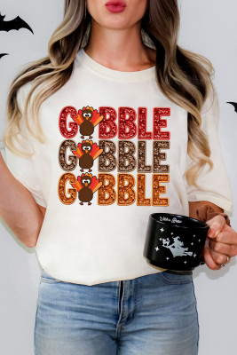 White GOBBLE Thanksgiving Turkey Print T Shirt