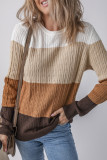 Khaki Colorblock Cable Knit Round Neck Sweater