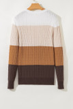 Khaki Colorblock Cable Knit Round Neck Sweater