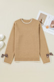 Tan Leopard Bow Decor Split Cuff Contrast Trim Sweater