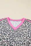 Khaki Leopard Print Contrast V Neck Varsity Stripe Detail Long Sleeve Top
