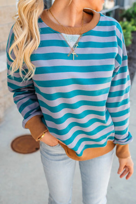 Sky Blue Stripe Contrast Color Ribbed Trim Round Neck Drop Shoulder Sweatshirt