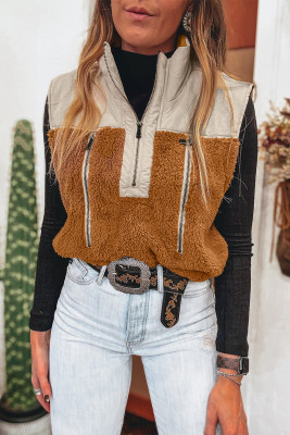 Chestnut Color Block Plush Patchwork Zipper Stand Neck Vest