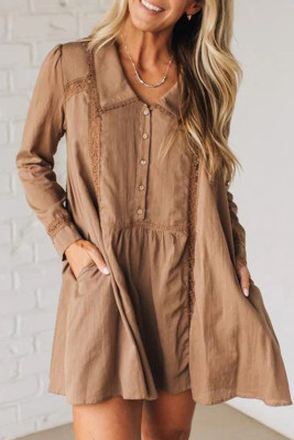 Straw Yellow Lace Trim Peter Pan Collar Long Sleeve Mini Shirt Dress