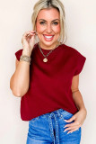 Racing Red Solid Color Crew Neck Knit Cap Sleeve Sweater