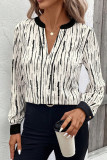White Abstract Printed V Neck Fall Blouse