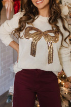 White Sequined Bow Graphic Christmas Holiday Sweater