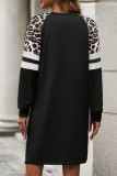 Black Leopard Print Patchwork Varsity Raglan Sleeve Sweatshirt Dress