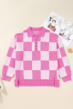 Pink Plus Size Checkered Collared Half Button Sweater