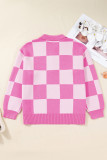 Pink Plus Size Checkered Collared Half Button Sweater