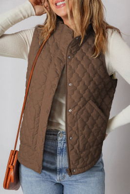 Dark Brown Flower Shape Quilted Snap Button Zip Up Winter Vest