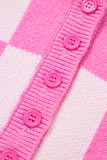 Pink Plus Size Checkered Collared Half Button Sweater