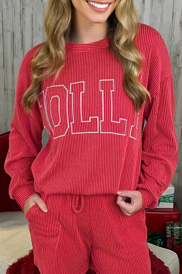 Racing Red Twisted Rib Outlined Merry Letter Graphic Loose Long Sleeve Top