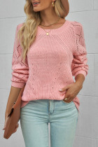 Pink Hollow-out Puffy Sleeve Knit Sweater