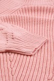 Pink Hollow-out Puffy Sleeve Knit Sweater