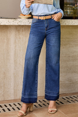 Navy Blue Raw Hem Unique Cuffs Straight High Rise Loose Jeans