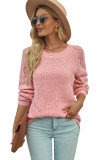 Pink Hollow-out Puffy Sleeve Knit Sweater