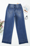 Navy Blue Raw Hem Unique Cuffs Straight High Rise Loose Jeans