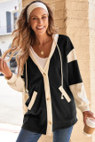 Black Waffle Contrast Knit Color Block Patchwork Button Front Oversize Hoodie