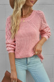 Pink Hollow-out Puffy Sleeve Knit Sweater