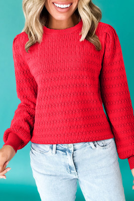 Fiery Red Trendy Pattern Knit Ribbed Cuffs Crew Neck Sweater