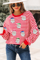 Red Stripe Sequin Santa Round Neck Raw Seam Detail Christmas Long Sleeve Top