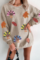 Smoke Gray 3D Ribbed Sequin Fall Leaf Turkey Graphic Baggy Sweatshirt