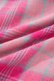 Sachet Pink Plaid Print Rounded Hem Long Sleeve Shirt with Pockets