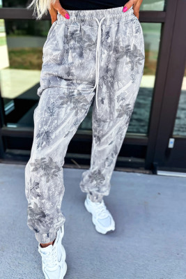 Gray Camo Print Cozy Drawstring Elastic Waist Jogger Pants