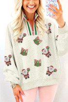 Light Grey Striped Patchwork Zip Neck Sequin Santa Gift Graphic Pullover Sweatshirt