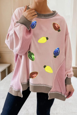 Light Pink Waffle Color Block Patchwork Sequin Christmas Light Bulb Loose Sweatshirt