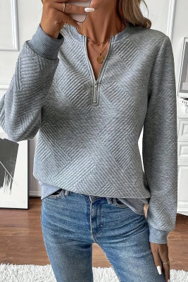 Medium Grey Trendy Textured Half Zip Loose Sweatshirt