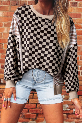Khaki Mixed Checkered Pattern Patchwork High Low Casual Top