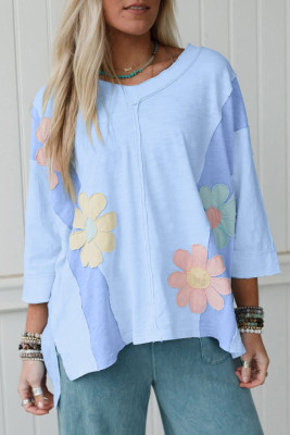 Light Blue Flower Patched Exposed Seam Bracelet Sleeve Oversized T Shirt