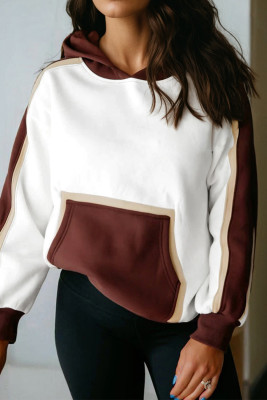 Coffee Color Block Patchwork Athleisure Hooded Sweatshirt