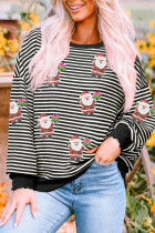 Black Stripe Santa Delivery Gift Sequin Patched Graphic Long Sleeve Top