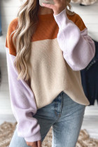 Khaki Color Block Plain Ribbed Knit Baggy Sweater