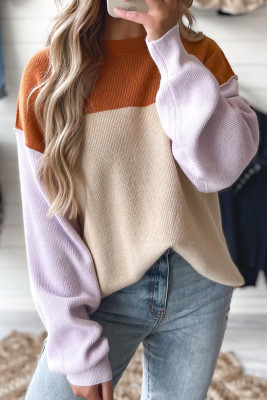 Khaki Color Block Plain Ribbed Knit Baggy Sweater
