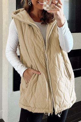 Pale Khaki Quilted Padded Casual Winter Jacket Vest w ith Fleece Lining