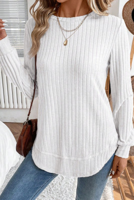 White Ribbed Texture Round Neck Long Sleeve Rounded Hem Knit Top
