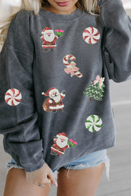 Gray Twisted Rib Christmas Santa Sequin Graphic Drop Shoulder Sweatshirt