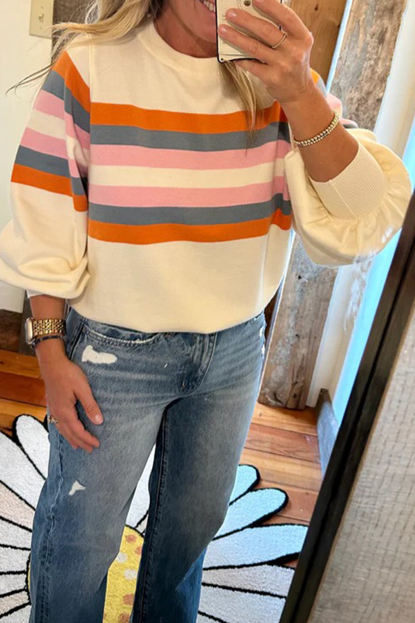 Beige Stripe Puff Sleeve Casual Pullover Sweatshirt
