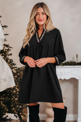 Black Contrast Trim V Neck Bracelet Sleeve Shift Mini Dress
